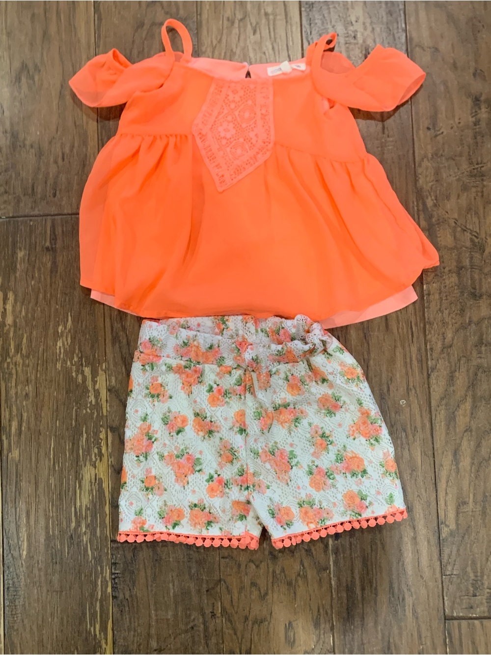 Bright Neon Orange Cold-Shoulder Top with Floral Pom-Pom Shorts